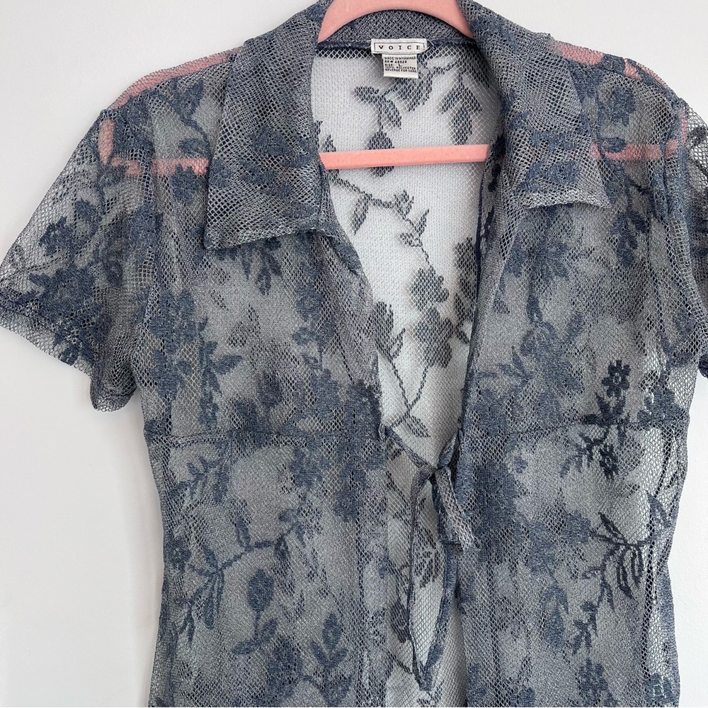 Vintage 90’s Y2K periwinkle‎ laced tie front blouse - Picture 2 of 6